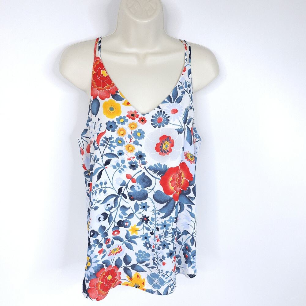 Loft Tank Top Womens M Petite White Red Floral Spaghetti Straps V Neck